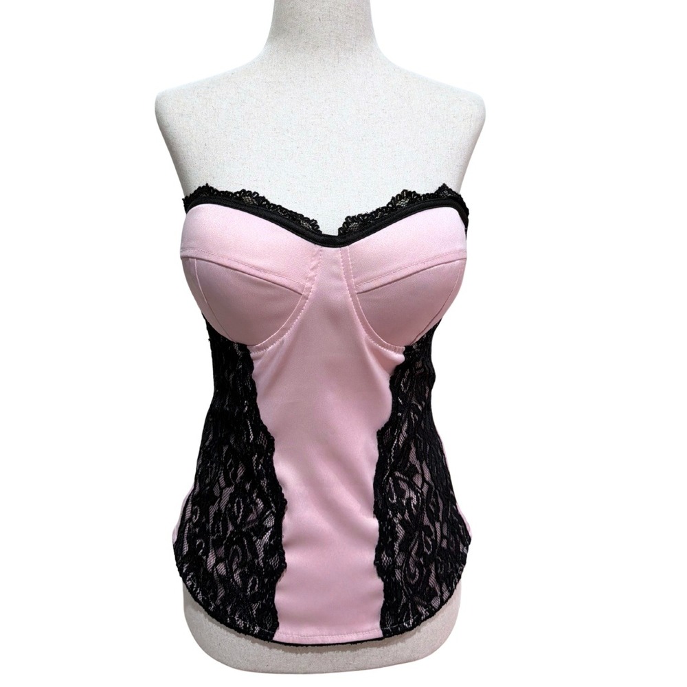 Y2K 2000s Charlotte Russe Corset Top‎ Pink Black Lace Strapless Boned Size XL